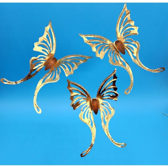 Vintage 1960s Brass & Teak Butterfly Wall Art Set of 9 MCM Danish Modern Decor - Picture 5 of 8